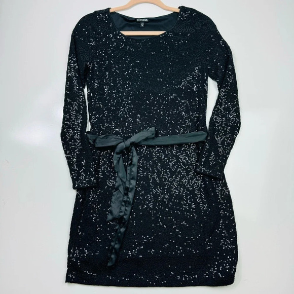 Express Long Sleeve Sequin Mini Dress with‎ Removable Satin Sash Size XS - Picture 1 of 11